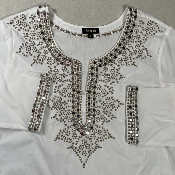 Saachi White Embroidered Tunic Top Sz XL Mirror Embellishments Lightweight READ - Picture 1 of 13